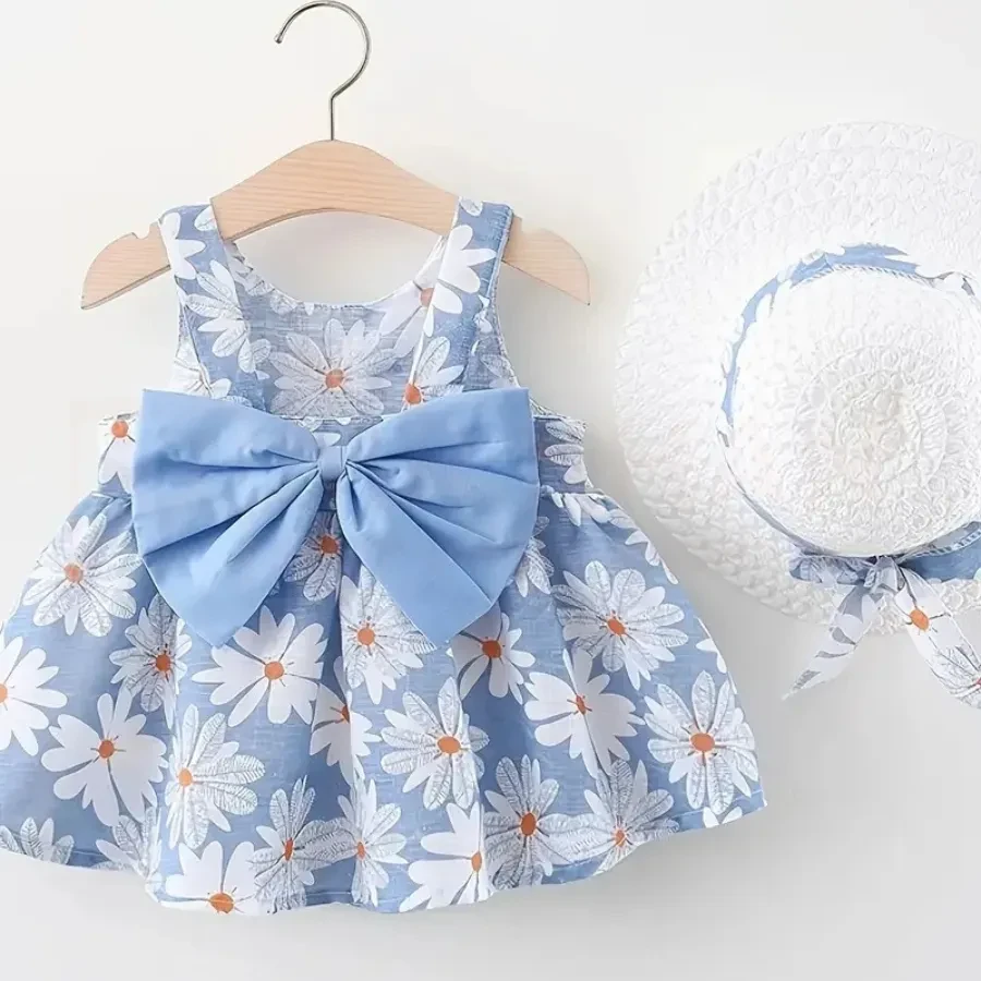 Summer Cute Flower Print Dress & Hat Set for Baby Girls