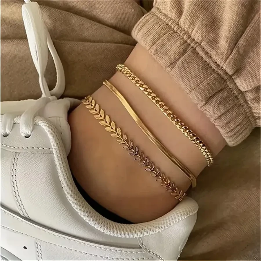 Vintage Boho Style Copper Anklets for Women – 3-Piece Set