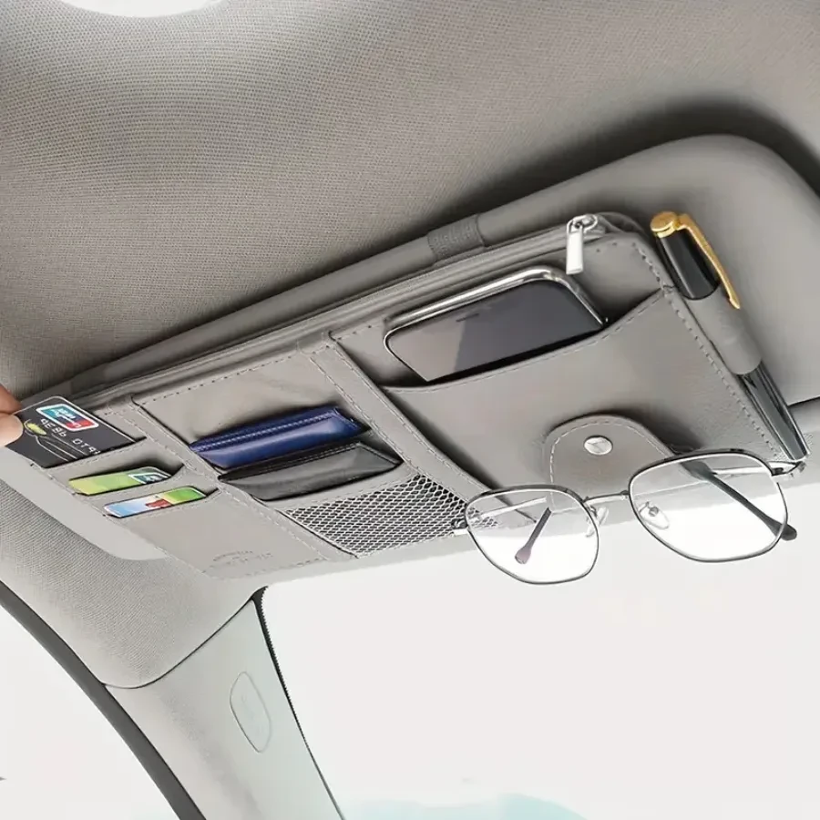 Gray PU Leather Car Visor Organizer – Compact & Multi-Functional