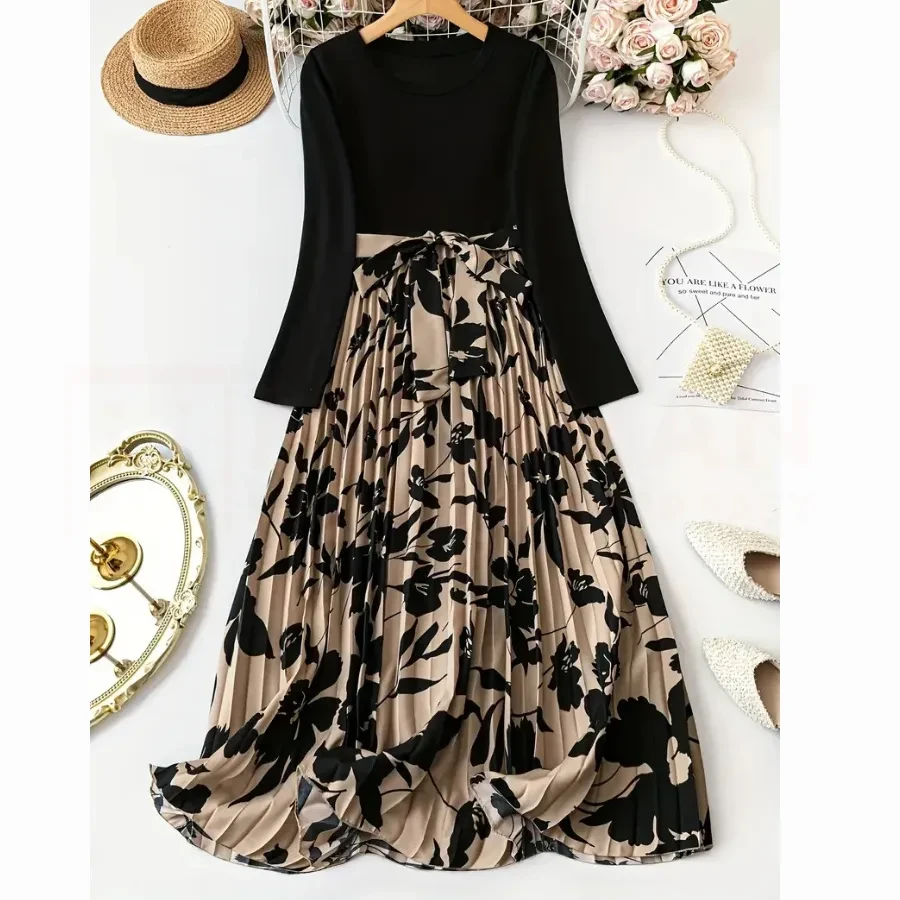 Plus Size Floral Print Pleated Dress